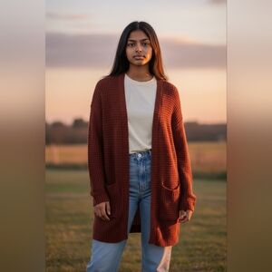 Say What Juniors medium Knit Open front w pockets Burgundy Cardigan Sweater NWT